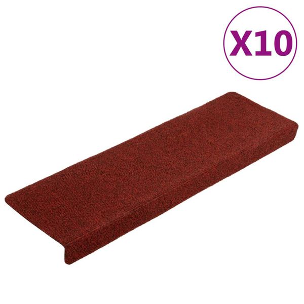vidaXL Tapetes de escada autoadesivos 10 peças 65x21x4 cm vermelho bordô com borda retangular