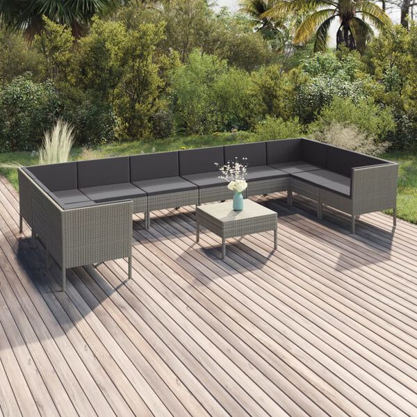 vidaXL 11 pcs conjunto lounge de jardim c/ almofadões vime PE cinzento