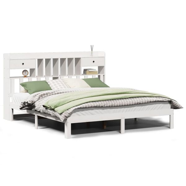 vidaXL Cama com estante sem colch&atilde;o 180x200 cm pinho maci&ccedil;o branco