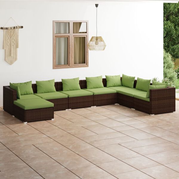 vidaXL 8 pcs conjunto lounge jardim c/ almofad&otilde;es vime PE castanho