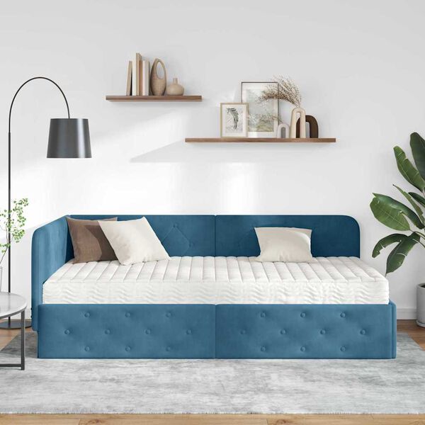 vidaXL Estrutura de Cama de Canto com colch&atilde;o Azul 90 x 200 cm Veludo
