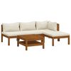 vidaXL 5 pcs conjunto lounge jardim c/ almofadões creme acácia maciça