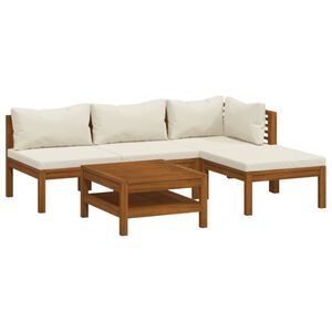 vidaXL 5 pcs conjunto lounge jardim c/ almofad&otilde;es creme ac&aacute;cia maci&ccedil;a