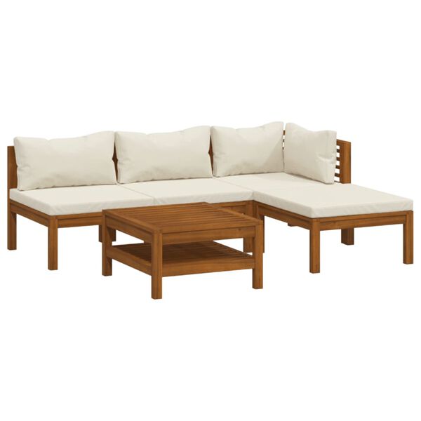 vidaXL 5 pcs conjunto lounge jardim c/ almofadões creme acácia maciça