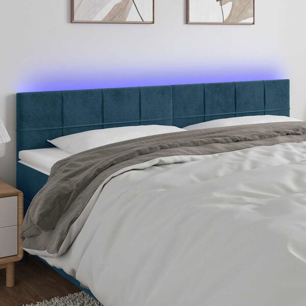vidaXL Cabeceira de cama c/ luzes LED veludo 160x5x78/88cm azul-escuro