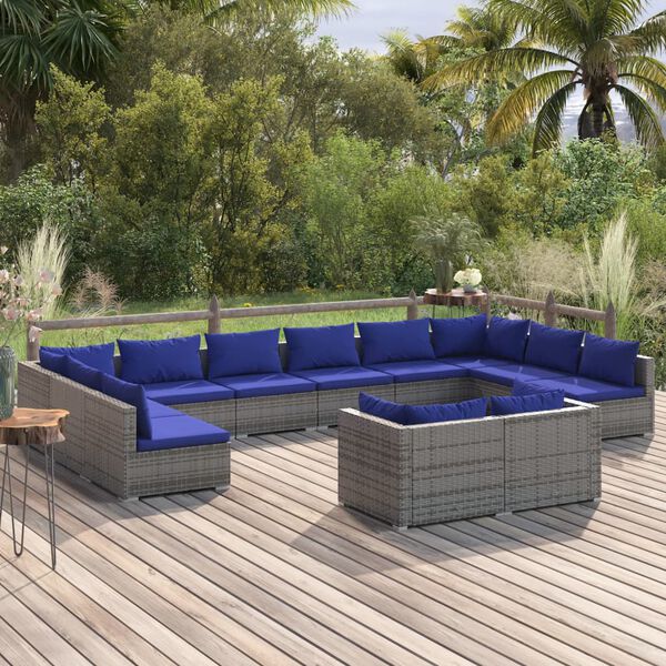 vidaXL 12 pcs conjunto lounge de jardim c/ almofad&otilde;es vime PE cinzento