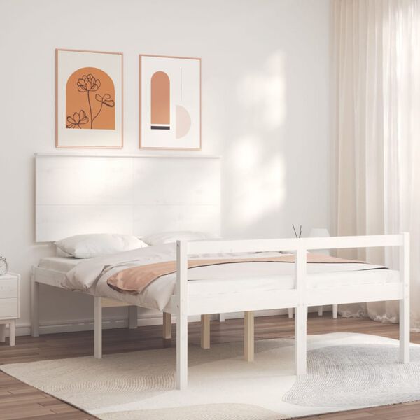 vidaXL Cama de casal para idosos c/ cabeceira madeira maci&ccedil;a branco