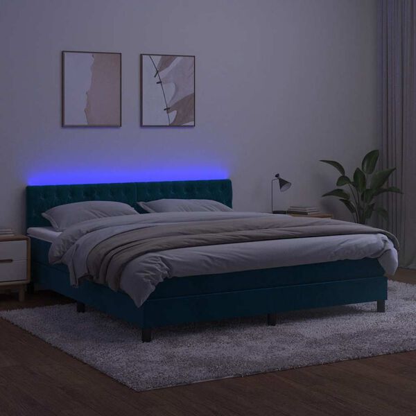 vidaXL Cama box spring c/ colch&atilde;o/LED 160x200 cm veludo azul-escuro