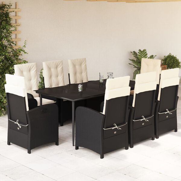 vidaXL 9 pcs conjunto de jantar p/ jardim c/ almofad&otilde;es vime PE preto