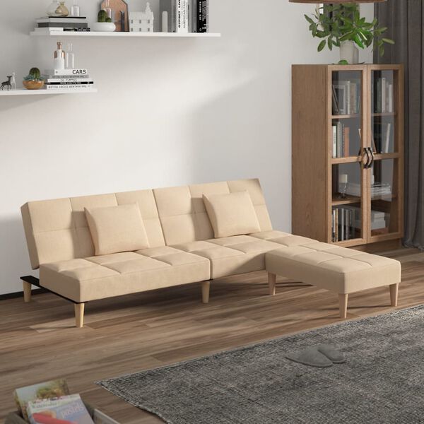 vidaXL Sof&aacute;-cama 2 lug. c/ 2 almofadas e apoio de p&eacute;s tecido cor creme