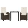 vidaXL 3 pcs conjunto jantar p/ jardim c/ almofad&otilde;es vime PE castanho