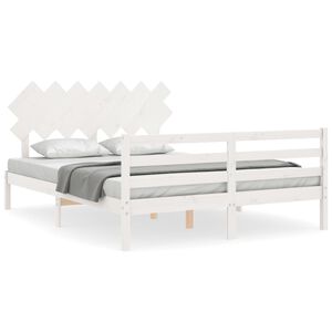 vidaXL Estrutura de cama King Size com cabeceira madeira maci&ccedil;a branco