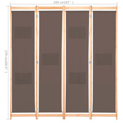 vidaXL Divisória de quarto com 4 painéis 160x170x4 cm tecido castanho