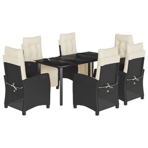 vidaXL 7 pcs conjunto de jantar p/ jardim c/ almofad&otilde;es vime PE preto