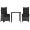 vidaXL 3 pcs conjunto de jantar p/ jardim c/ almofad&otilde;es vime PE preto