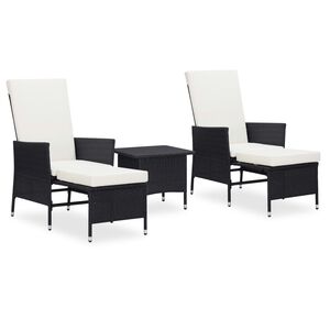 vidaXL 3 pcs conjunto lounge para jardim c/ almofad&otilde;es vime PE preto