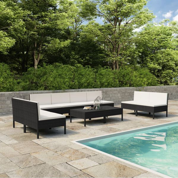 vidaXL 10 pcs conjunto lounge de jardim c/ almofadões vime PE preto