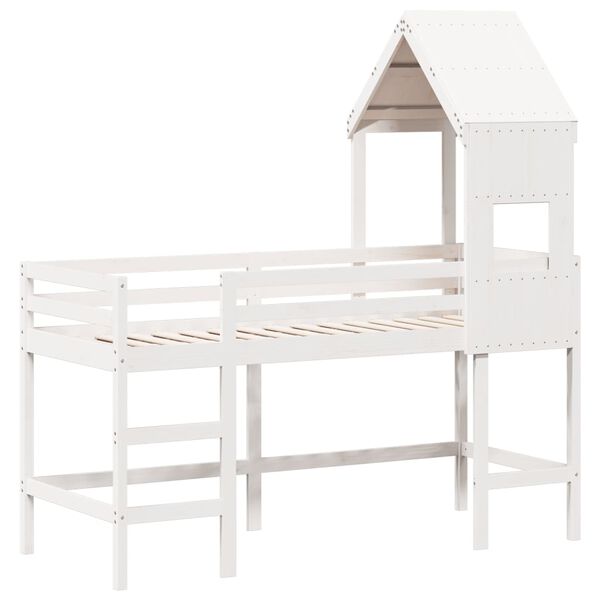 vidaXL Cama alta c/ escada e telhado 90x190 cm pinho maci&ccedil;o branco