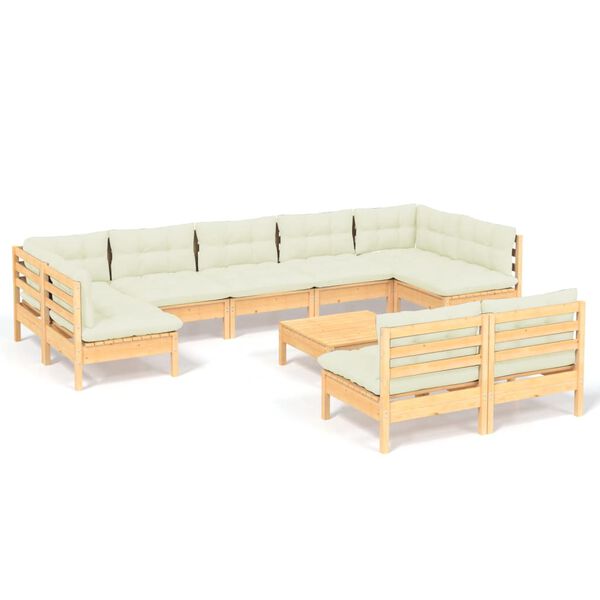 vidaXL 10 pcs conjunto lounge jardim c/ almofad&otilde;es creme pinho maci&ccedil;o