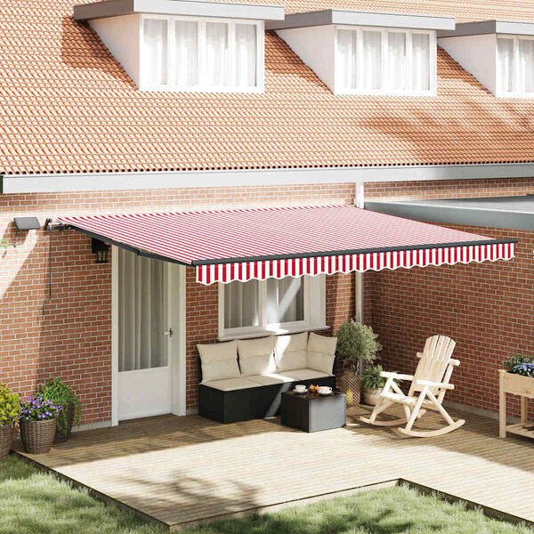 vidaXL Toldo Retr&aacute;til Manual Vermelho e branco 450 &times;350 cm tecido