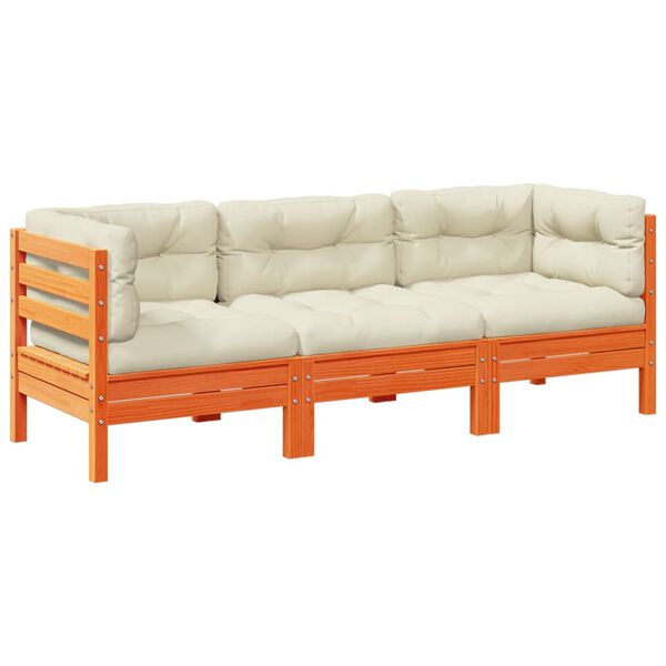 vidaXL 3 pcs conj. sofás jardim almofadões pinho maciço castanho cera