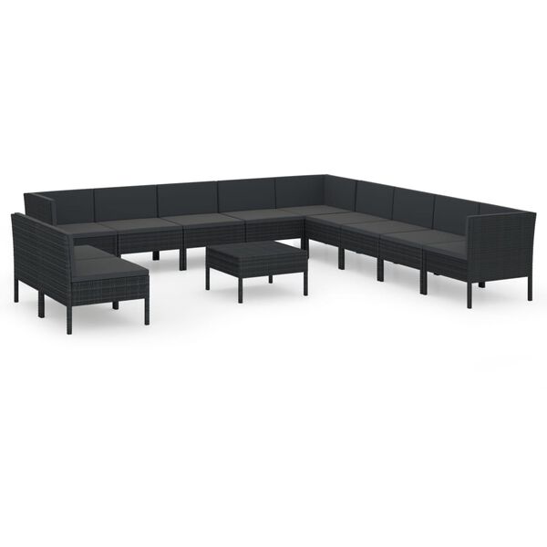 vidaXL 12 pcs conjunto lounge de jardim c/ almofadões vime PE preto
