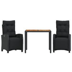 vidaXL 3 pcs conjunto de jantar p/ jardim c/ almofad&otilde;es vime PE preto