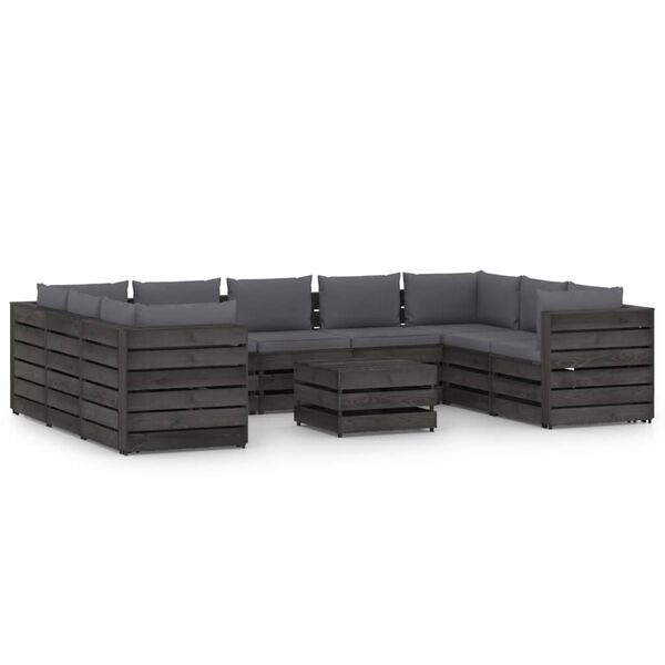 vidaXL 10 pcs conj. lounge jardim c/ almofad&otilde;es madeira impreg. cinza