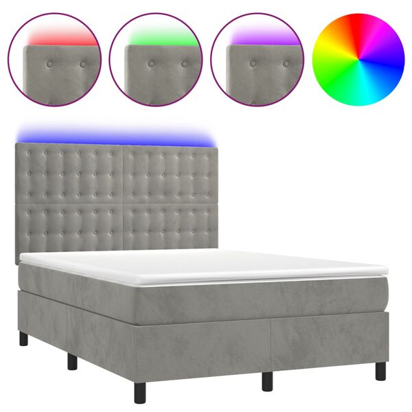 vidaXL Cama box spring c/ colch&atilde;o/LED 140x200 cm veludo cinzento-claro