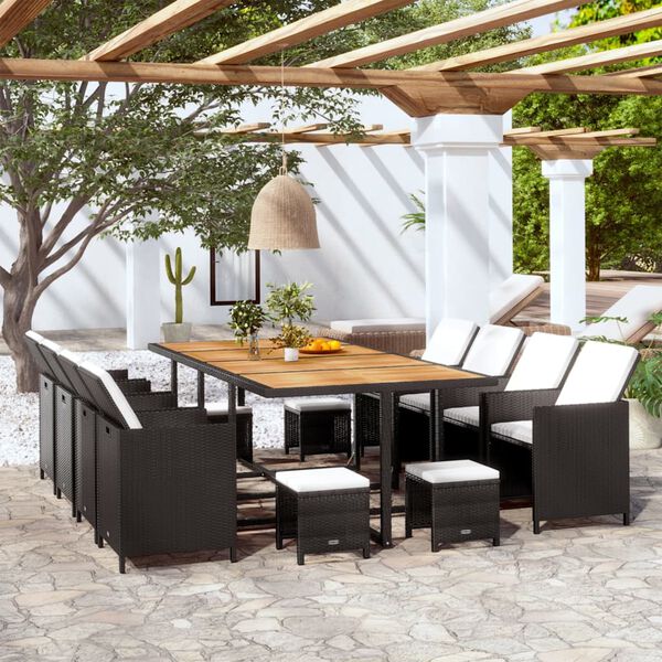 vidaXL 13 pcs conjunto jantar p/ exterior vime e madeira ac&aacute;cia preto