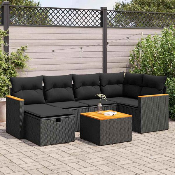 vidaXL 7 pcs conjunto de sof&aacute;s p/ jardim c/ almofad&otilde;es vime PE preto