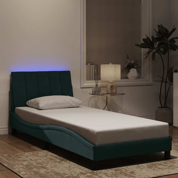 vidaXL Estrutura de cama com LED sem colch&atilde;o Hanko 80x200 cm veludo verde-escuro