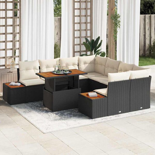 vidaXL Conjunto de Sof&aacute; de Jardim 9 pcs Preto Rattan Sint&eacute;tico