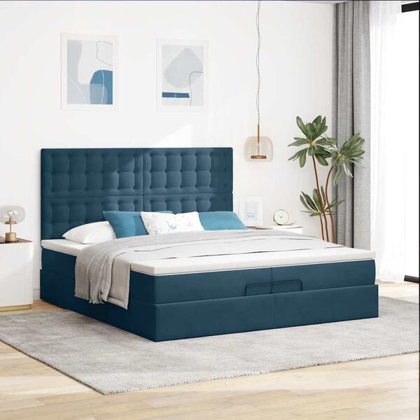 vidaXL Estrutura de cama otomana com colch&atilde;o azul escuro Veludo