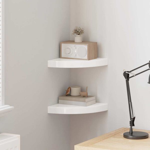 vidaXL Prateleiras de canto flutuantes 2 pe&ccedil;as branco alto brilho 25x25x3,8 cm MDF