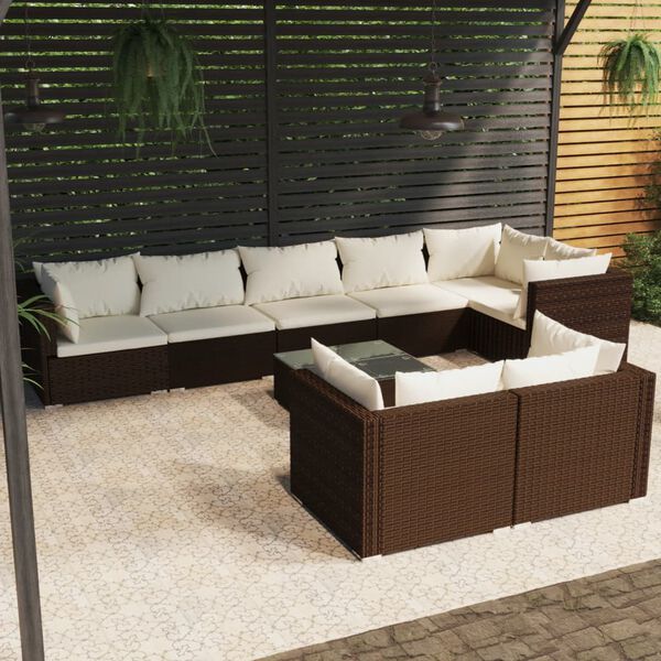 vidaXL 9 pcs conjunto lounge jardim c/ almofad&otilde;es vime PE castanho