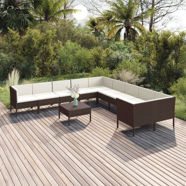 vidaXL 11 pcs conjunto lounge jardim c/ almofad&otilde;es vime PE castanho