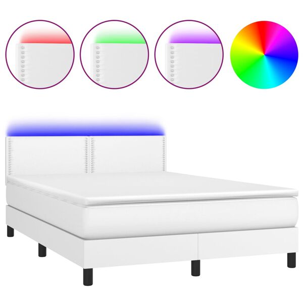 vidaXL Cama box spring c/colch&atilde;o/LED 140x190cm couro artificial branco