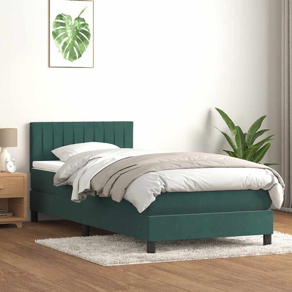 vidaXL Cama box spring c/ colch&atilde;o e LED 90x220 cm veludo verde-escuro