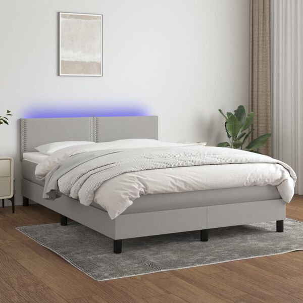vidaXL Cama box spring c/ colch&atilde;o e LED 140x190 cm tecido cinza-claro