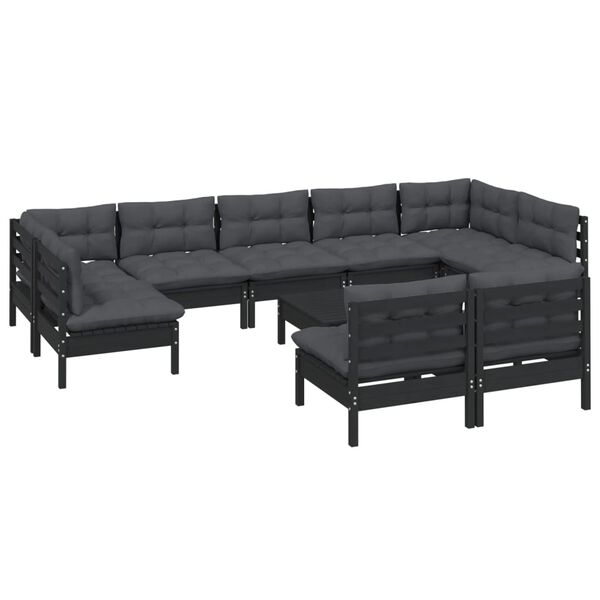 vidaXL 10 pcs conjunto lounge jardim c/ almofad&otilde;es pinho maci&ccedil;o preto