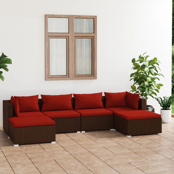 vidaXL 6 pcs conjunto lounge jardim c/ almofad&otilde;es vime PE castanho