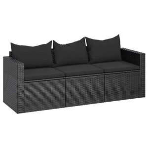 vidaXL Sof&aacute; de jardim 3 lugares com almofad&otilde;es vime PE preto