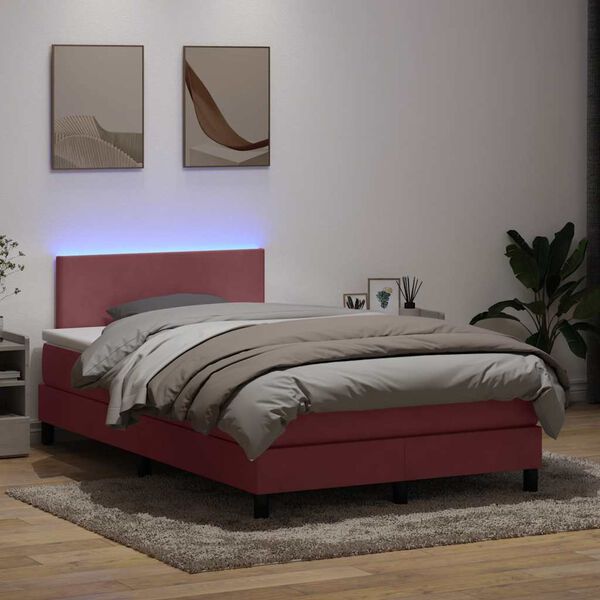 vidaXL Cama box spring c/ colch&atilde;o e LED 120x220 cm veludo rosa