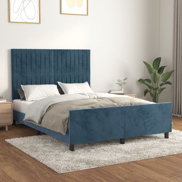 vidaXL Estrutura de cama sem colch&atilde;o 140x190 cm veludo azul-escuro