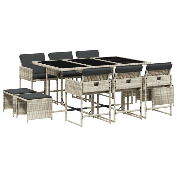vidaXL 11 pcs conjunto jantar p/ jardim c/ almofad&otilde;es vime PE cinzento