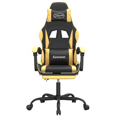 vidaXL Cadeira gaming giratória + apoio couro artificial preto/dourado