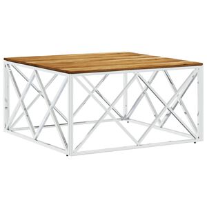 vidaXL Mesa de centro a&ccedil;o inoxid&aacute;vel/madeira de ac&aacute;cia maci&ccedil;a prateado