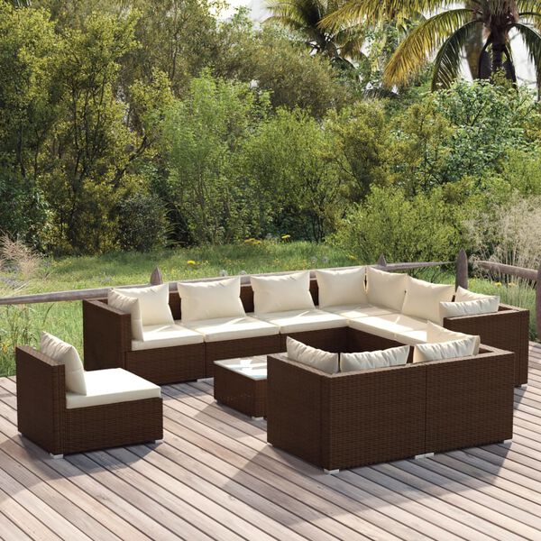 vidaXL 10 pcs conjunto lounge de jardim c/ almofad&otilde;es vime PE castanho