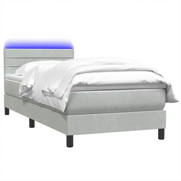 vidaXL Cama box spring c/ colch&atilde;o e LED Cinza Claro 90x210 cm veludo
